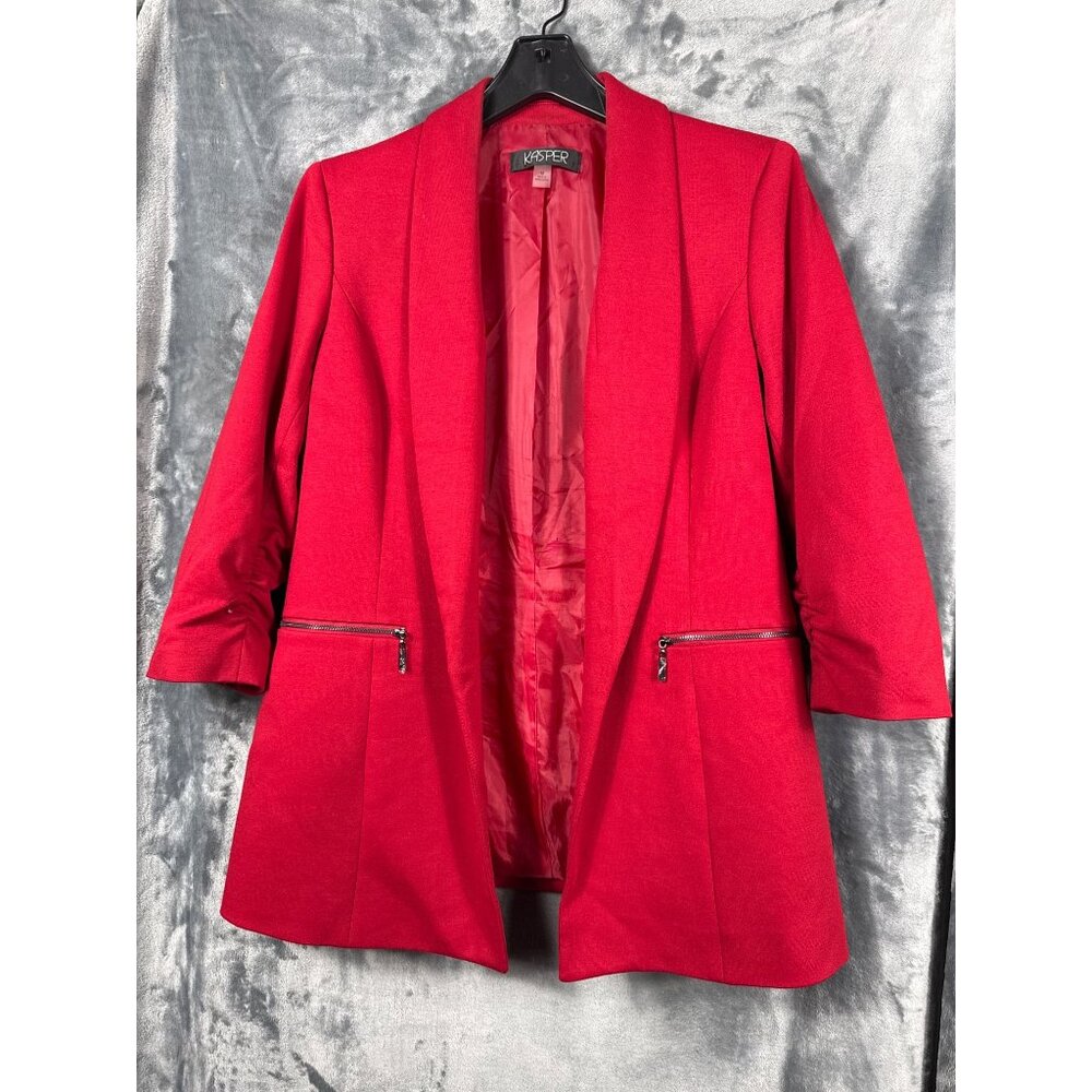 Kasper Red Womens Blazer Jacket M With Zipper Pockets & Ruched Sleeves